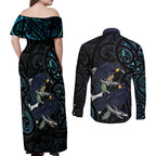 New Zealand Huia Bird Couples Matching Off Shoulder Maxi Dress and Long Sleeve Button Shirt Paua Shell Maori Pattern