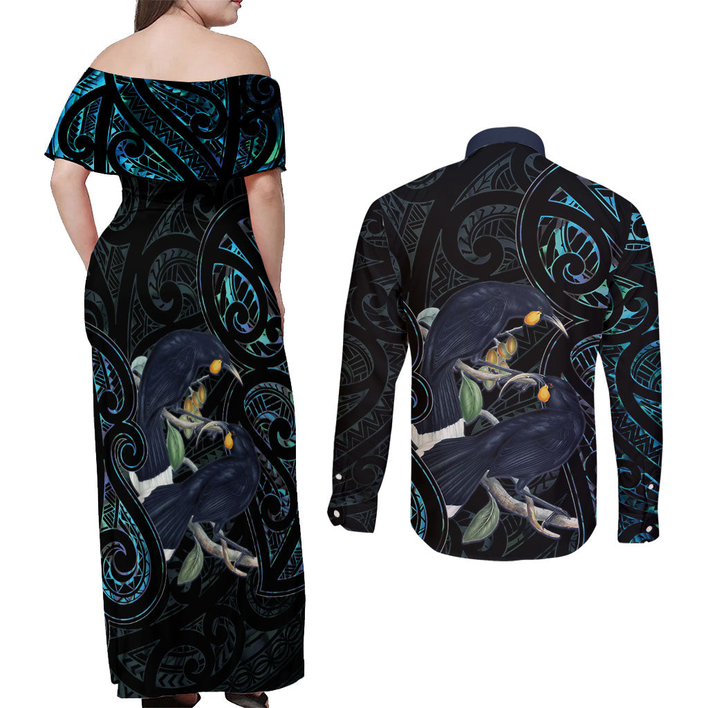 New Zealand Huia Bird Couples Matching Off Shoulder Maxi Dress and Long Sleeve Button Shirt Paua Shell Maori Pattern