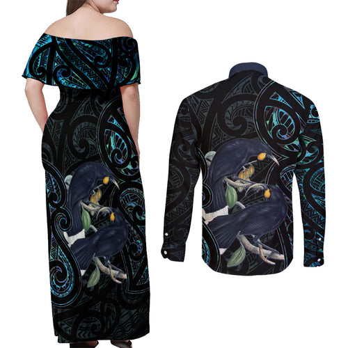 New Zealand Huia Bird Couples Matching Off Shoulder Maxi Dress and Long Sleeve Button Shirt Paua Shell Maori Pattern