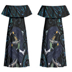 New Zealand Huia Bird Couples Matching Off Shoulder Maxi Dress and Long Sleeve Button Shirt Paua Shell Maori Pattern LT22