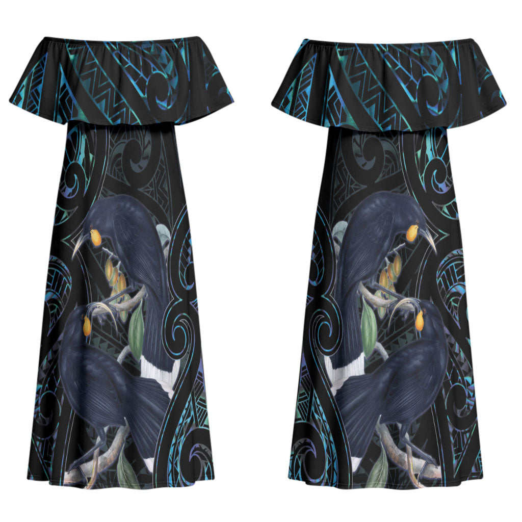 New Zealand Huia Bird Couples Matching Off Shoulder Maxi Dress and Long Sleeve Button Shirt Paua Shell Maori Pattern LT22