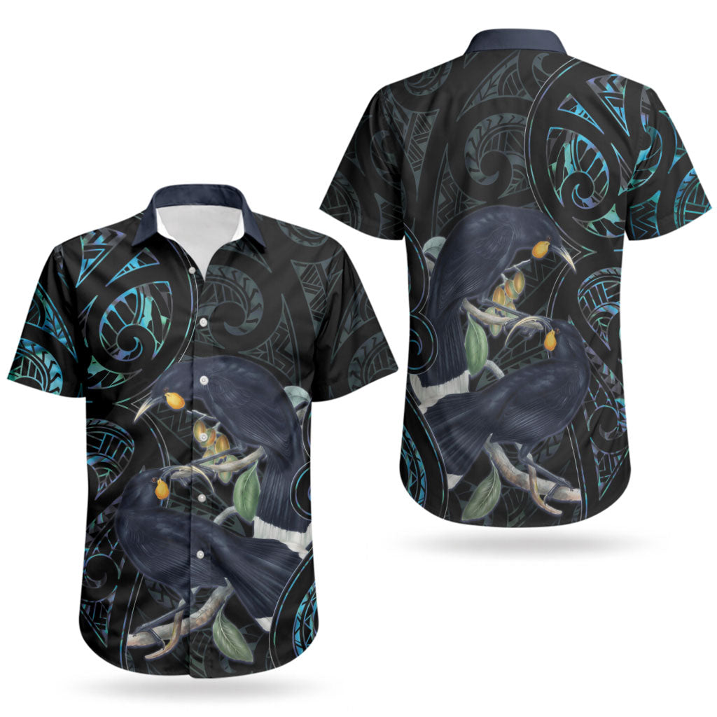 New Zealand Huia Bird Couples Matching Off Shoulder Short Dress and Hawaiian Shirt Paua Shell Maori Pattern LT22