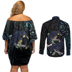 New Zealand Huia Bird Couples Matching Off Shoulder Short Dress and Long Sleeve Button Shirt Paua Shell Maori Pattern