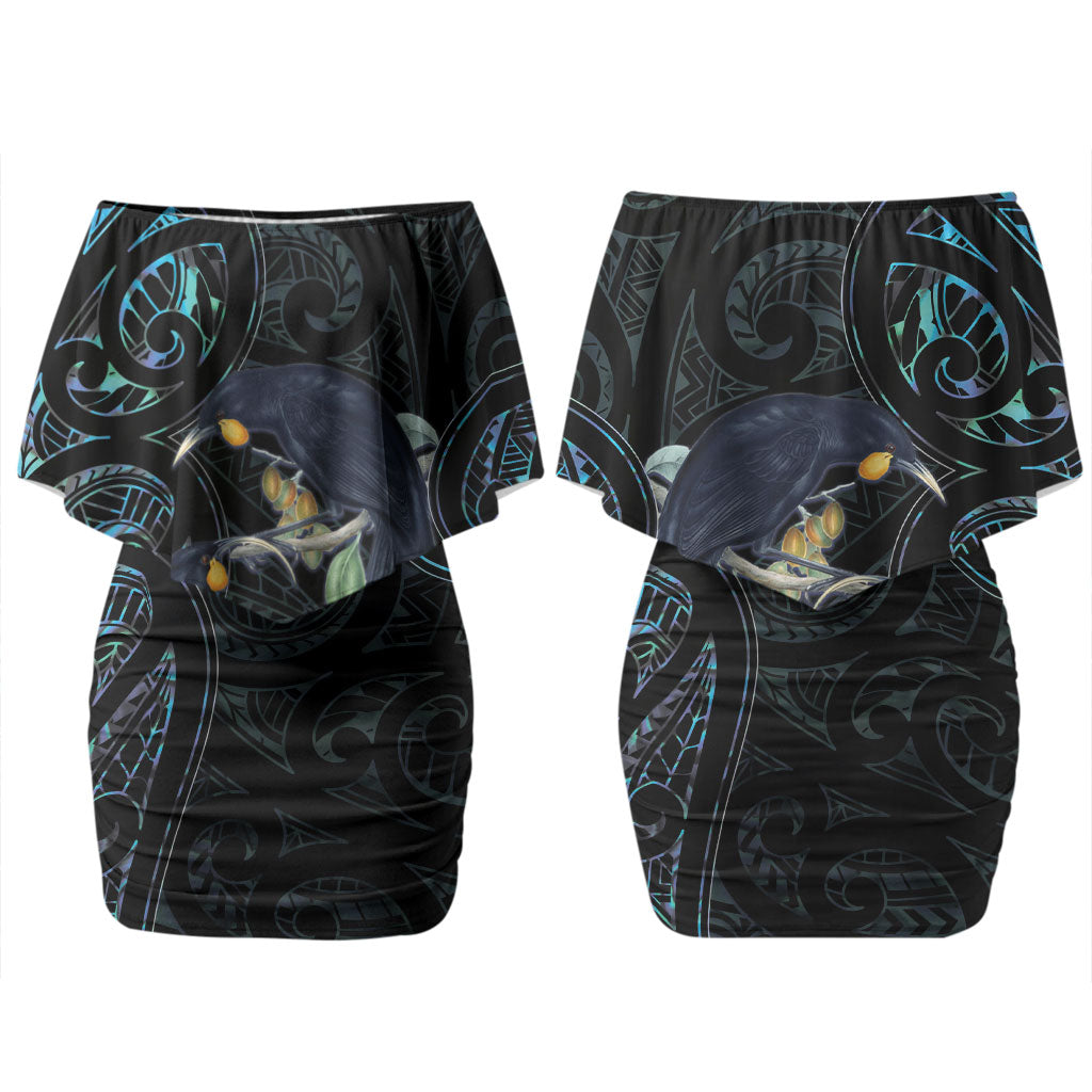 New Zealand Huia Bird Couples Matching Off Shoulder Short Dress and Long Sleeve Button Shirt Paua Shell Maori Pattern LT22