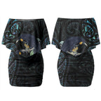 New Zealand Huia Bird Couples Matching Off Shoulder Short Dress and Long Sleeve Button Shirt Paua Shell Maori Pattern LT22