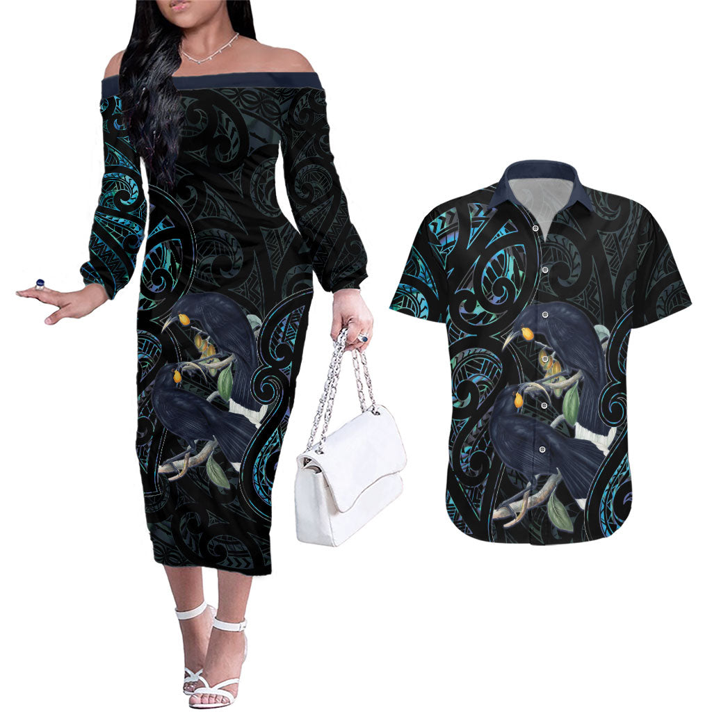 New Zealand Huia Bird Couples Matching Off The Shoulder Long Sleeve Dress and Hawaiian Shirt Paua Shell Maori Pattern