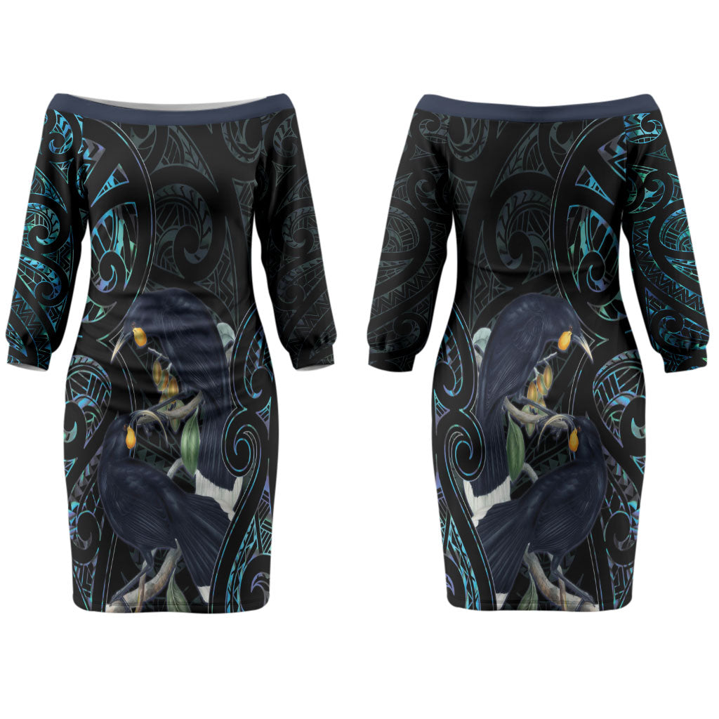 New Zealand Huia Bird Couples Matching Off The Shoulder Long Sleeve Dress and Hawaiian Shirt Paua Shell Maori Pattern LT22
