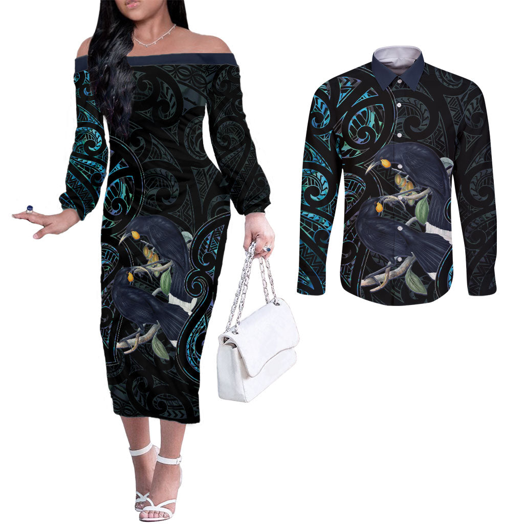 New Zealand Huia Bird Couples Matching Off The Shoulder Long Sleeve Dress and Long Sleeve Button Shirt Paua Shell Maori Pattern