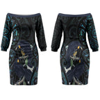 New Zealand Huia Bird Couples Matching Off The Shoulder Long Sleeve Dress and Long Sleeve Button Shirt Paua Shell Maori Pattern LT22