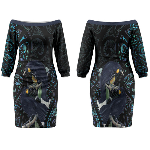 New Zealand Huia Bird Couples Matching Off The Shoulder Long Sleeve Dress and Long Sleeve Button Shirt Paua Shell Maori Pattern LT22