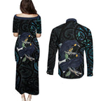 New Zealand Huia Bird Couples Matching Puletasi and Long Sleeve Button Shirt Paua Shell Maori Pattern
