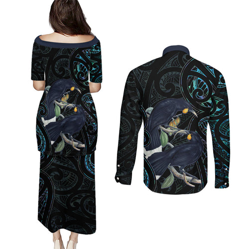 New Zealand Huia Bird Couples Matching Puletasi and Long Sleeve Button Shirt Paua Shell Maori Pattern
