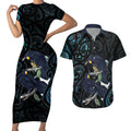 New Zealand Huia Bird Couples Matching Short Sleeve Bodycon Dress and Hawaiian Shirt Paua Shell Maori Pattern