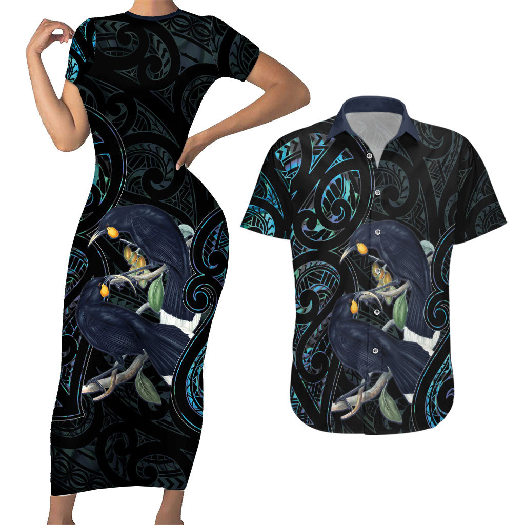 New Zealand Huia Bird Couples Matching Short Sleeve Bodycon Dress and Hawaiian Shirt Paua Shell Maori Pattern