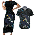 New Zealand Huia Bird Couples Matching Short Sleeve Bodycon Dress and Hawaiian Shirt Paua Shell Maori Pattern