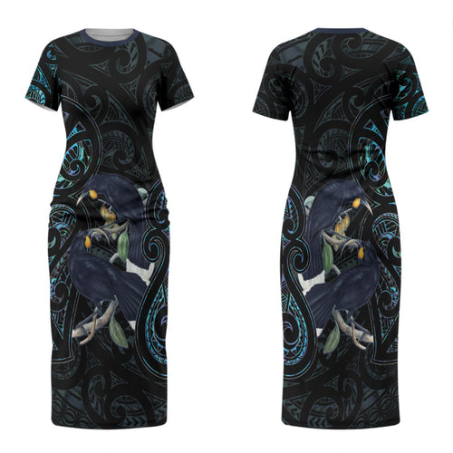 New Zealand Huia Bird Couples Matching Short Sleeve Bodycon Dress and Hawaiian Shirt Paua Shell Maori Pattern LT22