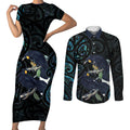 New Zealand Huia Bird Couples Matching Short Sleeve Bodycon Dress and Long Sleeve Button Shirt Paua Shell Maori Pattern