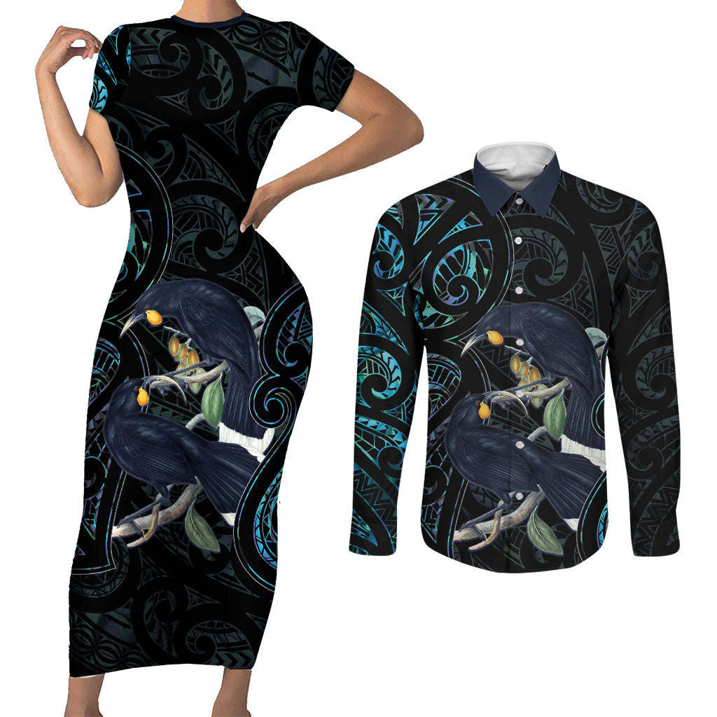 New Zealand Huia Bird Couples Matching Short Sleeve Bodycon Dress and Long Sleeve Button Shirt Paua Shell Maori Pattern