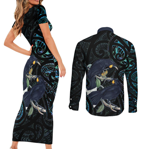 New Zealand Huia Bird Couples Matching Short Sleeve Bodycon Dress and Long Sleeve Button Shirt Paua Shell Maori Pattern