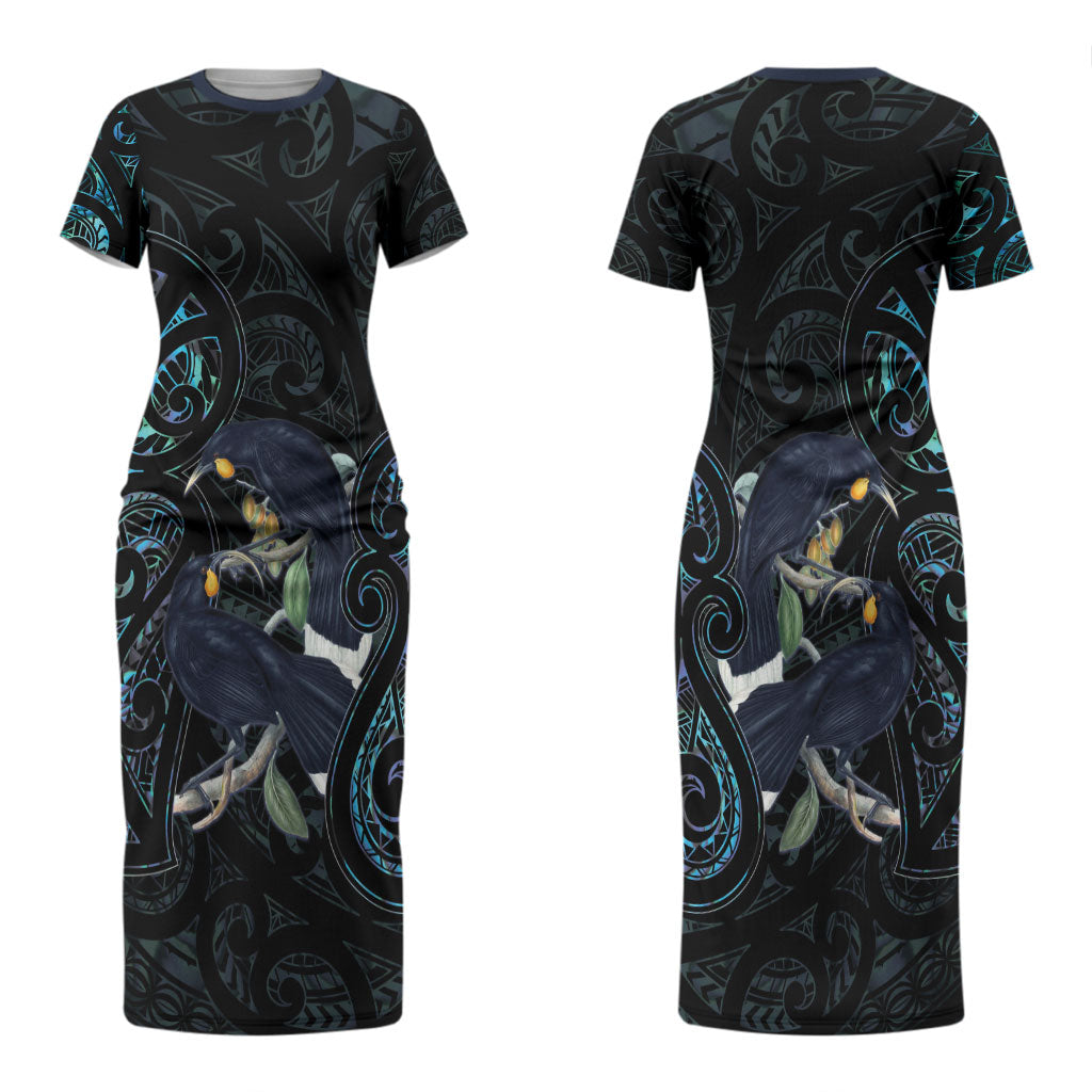 New Zealand Huia Bird Couples Matching Short Sleeve Bodycon Dress and Long Sleeve Button Shirt Paua Shell Maori Pattern LT22