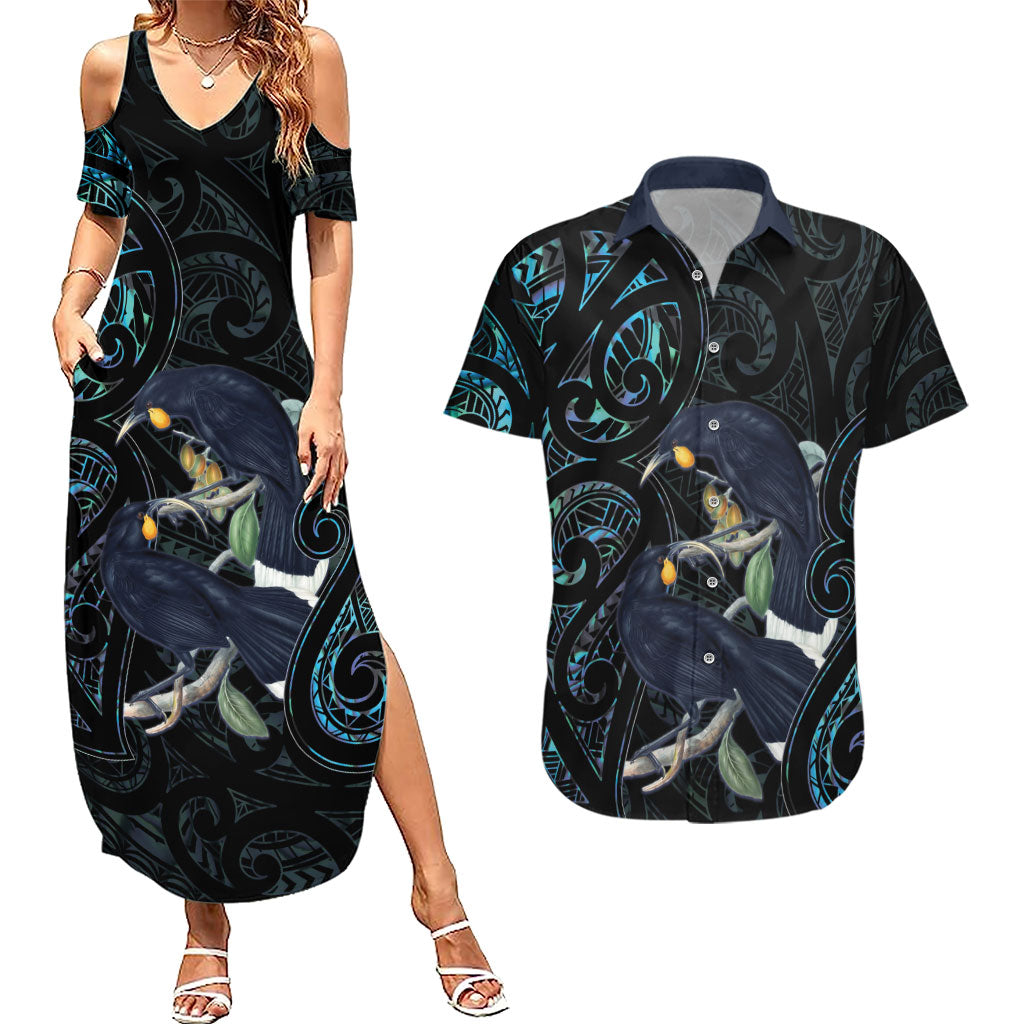 New Zealand Huia Bird Couples Matching Summer Maxi Dress and Hawaiian Shirt Paua Shell Maori Pattern