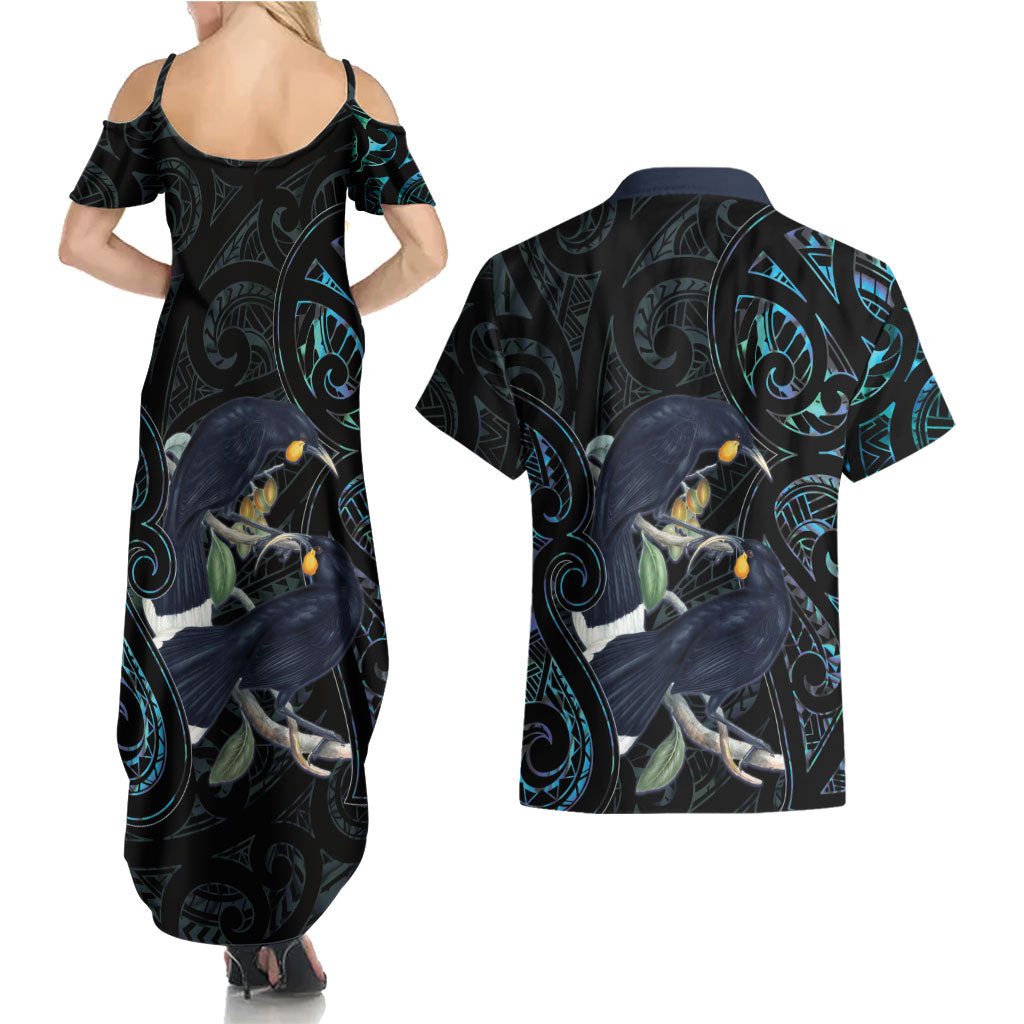 New Zealand Huia Bird Couples Matching Summer Maxi Dress and Hawaiian Shirt Paua Shell Maori Pattern