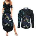 New Zealand Huia Bird Couples Matching Summer Maxi Dress and Long Sleeve Button Shirt Paua Shell Maori Pattern