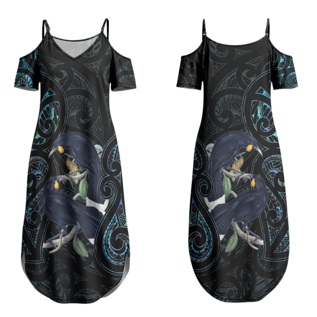 New Zealand Huia Bird Couples Matching Summer Maxi Dress and Long Sleeve Button Shirt Paua Shell Maori Pattern LT22