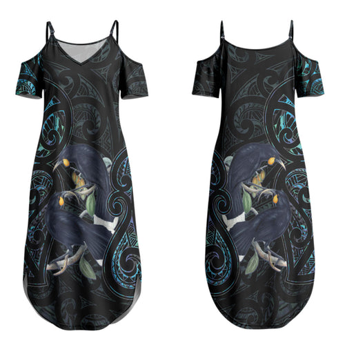 New Zealand Huia Bird Couples Matching Summer Maxi Dress and Long Sleeve Button Shirt Paua Shell Maori Pattern LT22