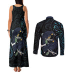 New Zealand Huia Bird Couples Matching Tank Maxi Dress and Long Sleeve Button Shirt Paua Shell Maori Pattern