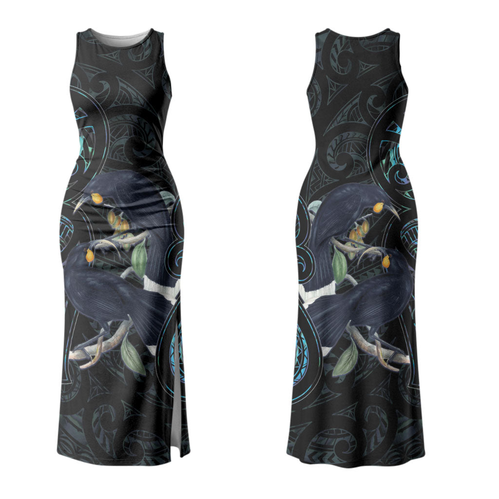 New Zealand Huia Bird Couples Matching Tank Maxi Dress and Long Sleeve Button Shirt Paua Shell Maori Pattern LT22