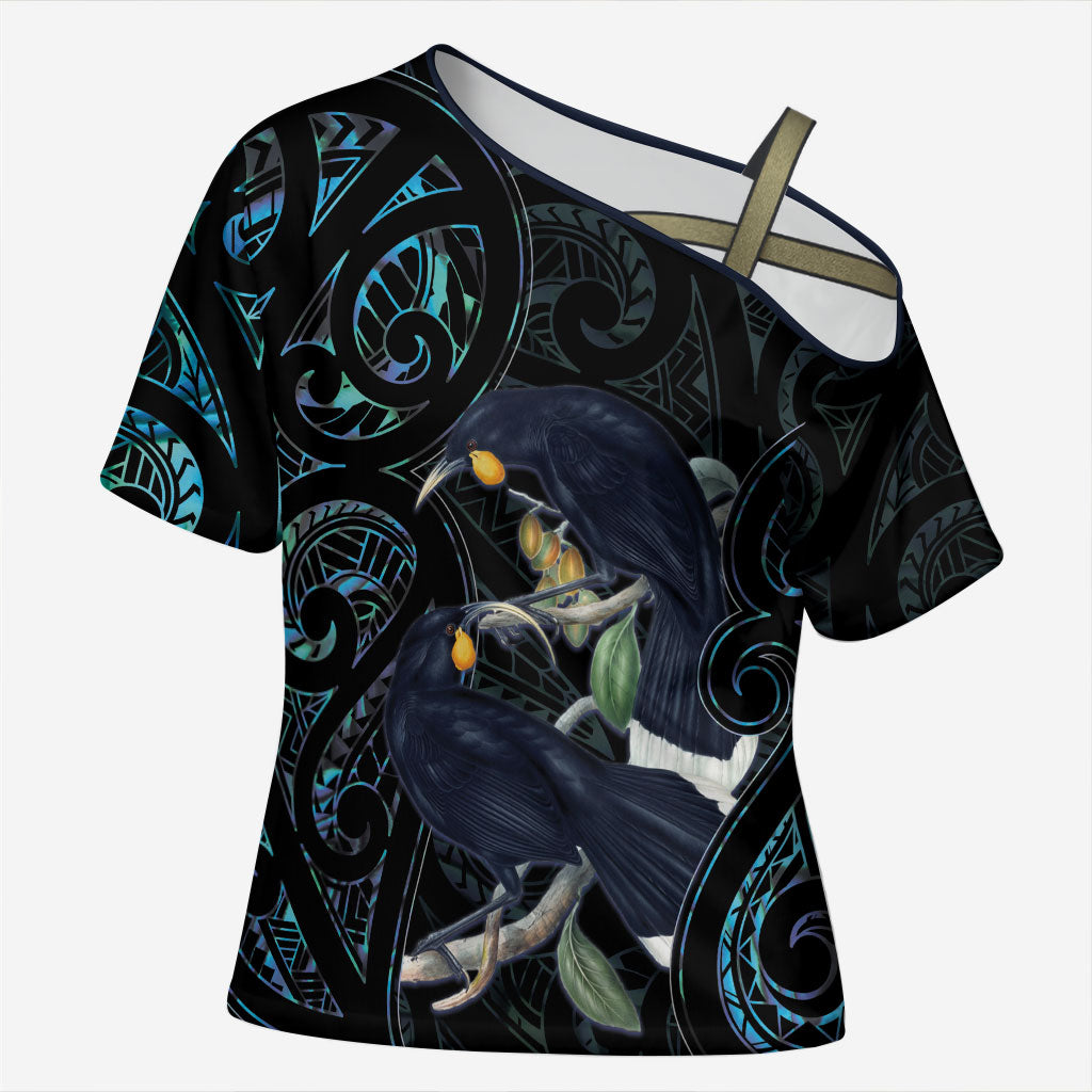 New Zealand Huia Bird Cross Shoulder Shirt Paua Shell Maori Pattern