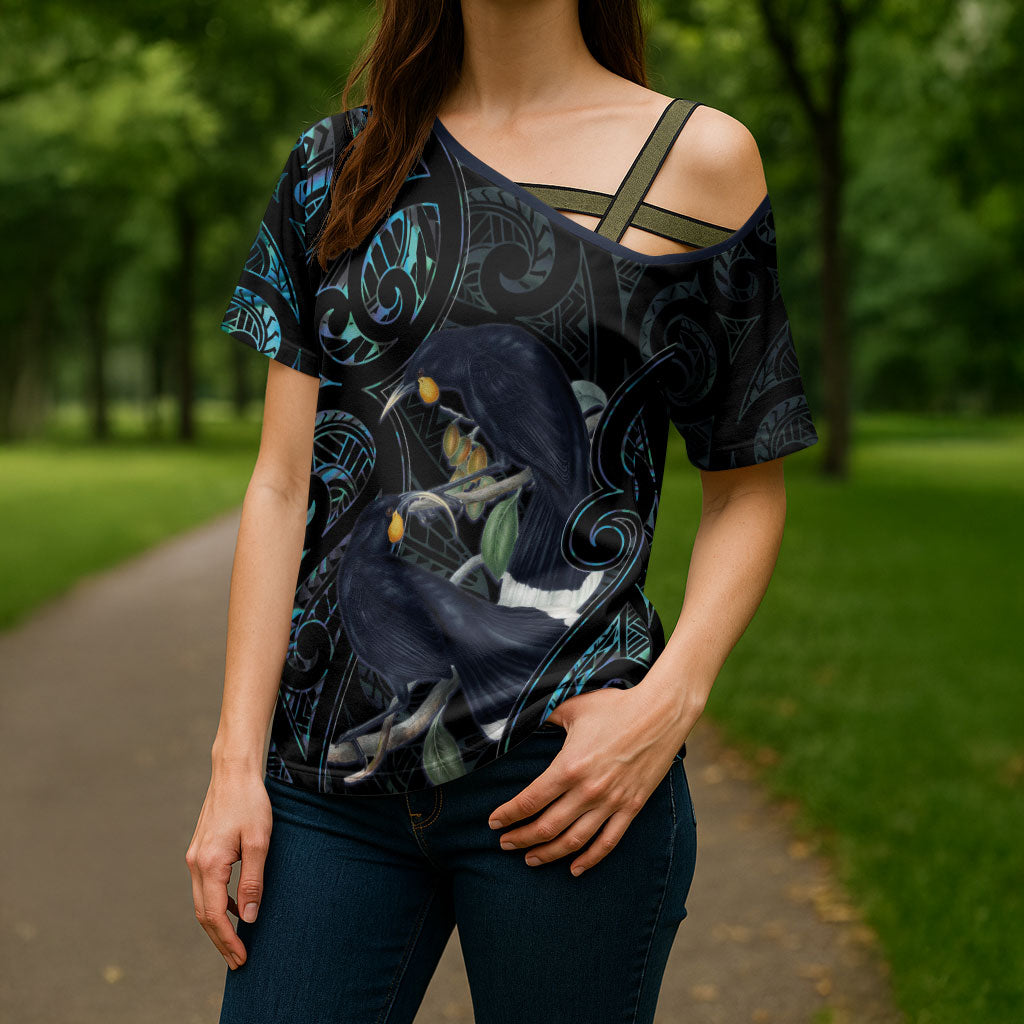 New Zealand Huia Bird Cross Shoulder Shirt Paua Shell Maori Pattern