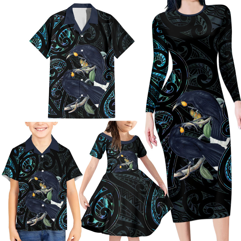 New Zealand Huia Bird Family Matching Long Sleeve Bodycon Dress and Hawaiian Shirt Paua Shell Maori Pattern