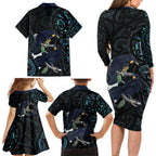 New Zealand Huia Bird Family Matching Long Sleeve Bodycon Dress and Hawaiian Shirt Paua Shell Maori Pattern