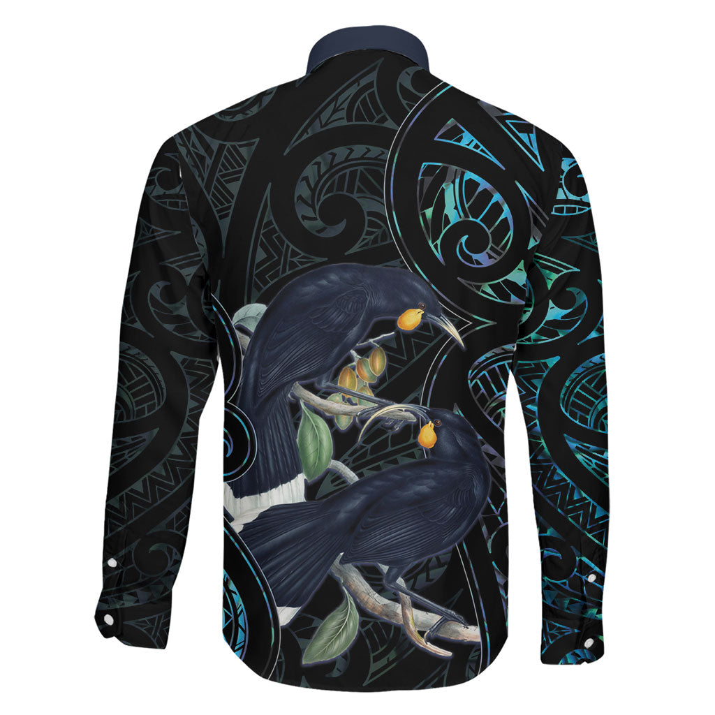 New Zealand Huia Bird Family Matching Long Sleeve Bodycon Dress and Hawaiian Shirt Paua Shell Maori Pattern