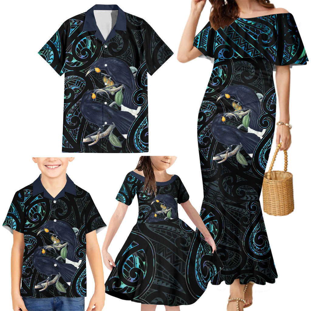 New Zealand Huia Bird Family Matching Mermaid Dress and Hawaiian Shirt Paua Shell Maori Pattern