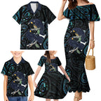 New Zealand Huia Bird Family Matching Mermaid Dress and Hawaiian Shirt Paua Shell Maori Pattern