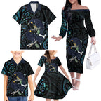 New Zealand Huia Bird Family Matching Off The Shoulder Long Sleeve Dress and Hawaiian Shirt Paua Shell Maori Pattern