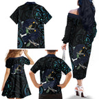 New Zealand Huia Bird Family Matching Off The Shoulder Long Sleeve Dress and Hawaiian Shirt Paua Shell Maori Pattern