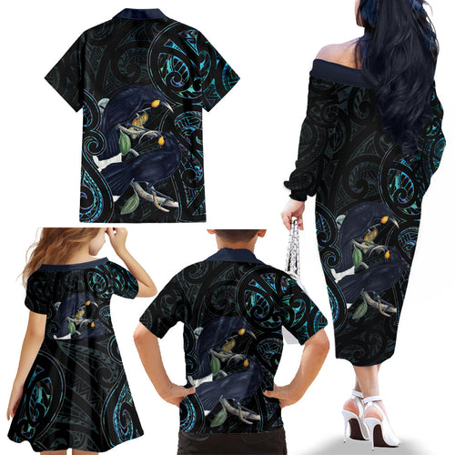 New Zealand Huia Bird Family Matching Off The Shoulder Long Sleeve Dress and Hawaiian Shirt Paua Shell Maori Pattern
