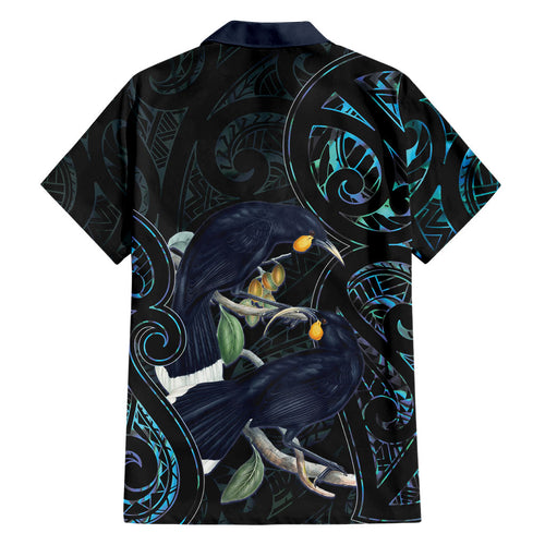 New Zealand Huia Bird Family Matching Off The Shoulder Long Sleeve Dress and Hawaiian Shirt Paua Shell Maori Pattern