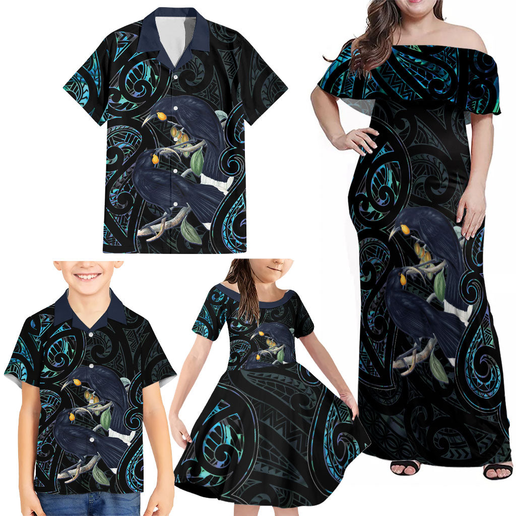 New Zealand Huia Bird Family Matching Off Shoulder Maxi Dress and Hawaiian Shirt Paua Shell Maori Pattern