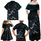 New Zealand Huia Bird Family Matching Off Shoulder Maxi Dress and Hawaiian Shirt Paua Shell Maori Pattern