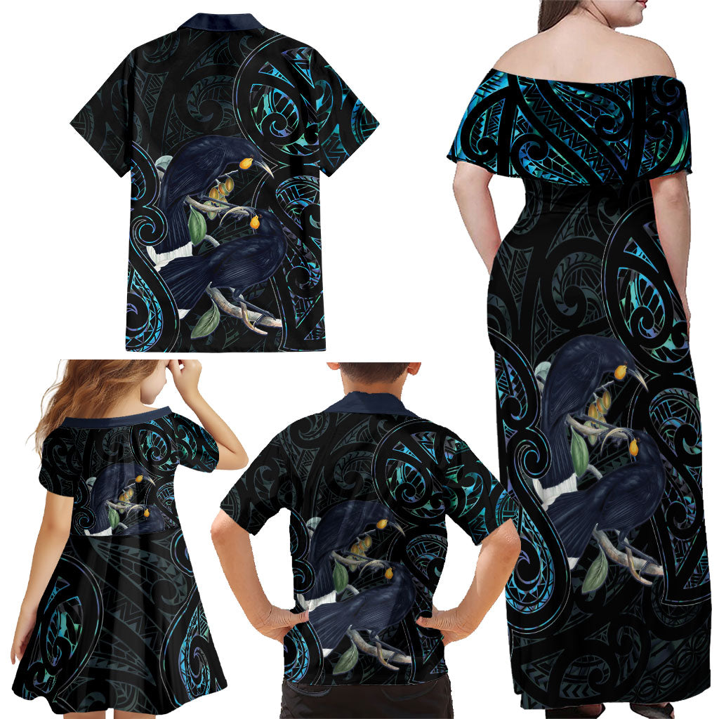 New Zealand Huia Bird Family Matching Off Shoulder Maxi Dress and Hawaiian Shirt Paua Shell Maori Pattern