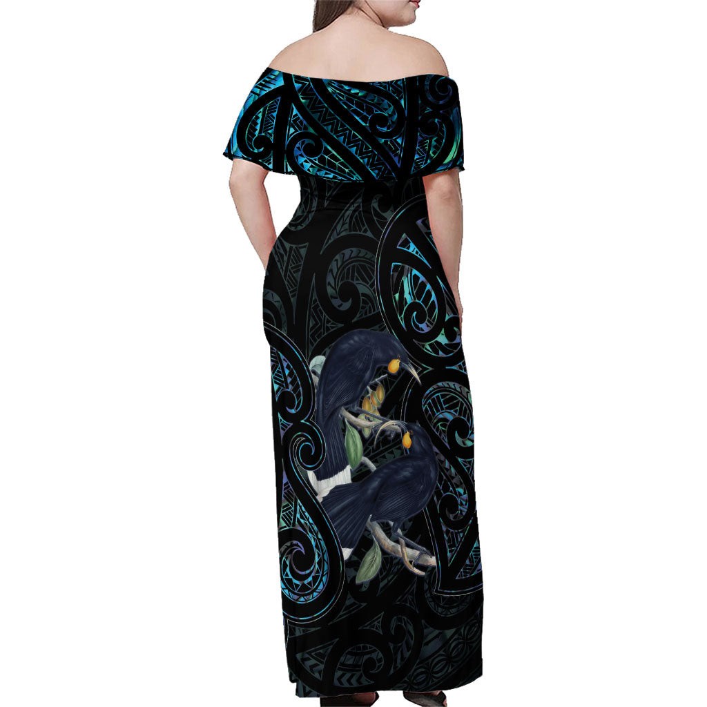 New Zealand Huia Bird Family Matching Off Shoulder Maxi Dress and Hawaiian Shirt Paua Shell Maori Pattern