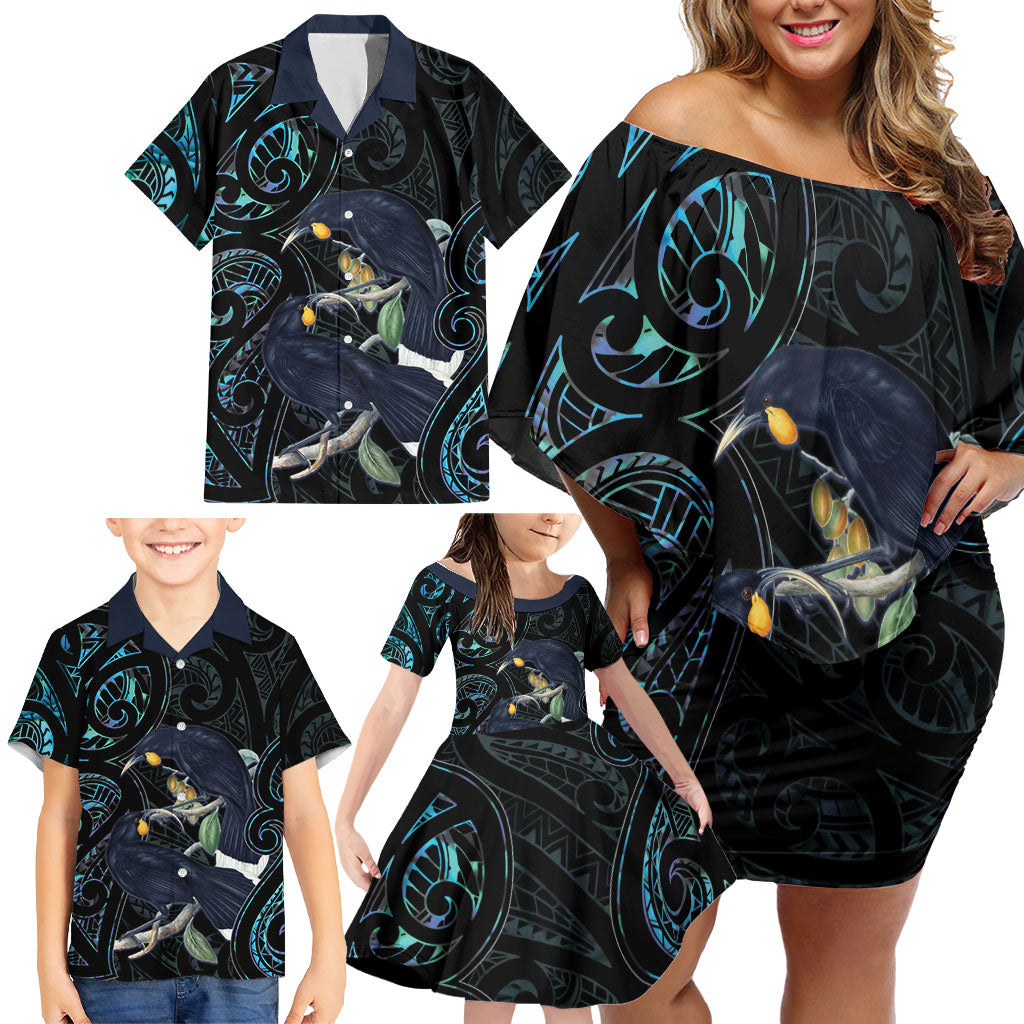 New Zealand Huia Bird Family Matching Off Shoulder Short Dress and Hawaiian Shirt Paua Shell Maori Pattern