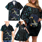 New Zealand Huia Bird Family Matching Off Shoulder Short Dress and Hawaiian Shirt Paua Shell Maori Pattern