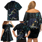 New Zealand Huia Bird Family Matching Off Shoulder Short Dress and Hawaiian Shirt Paua Shell Maori Pattern