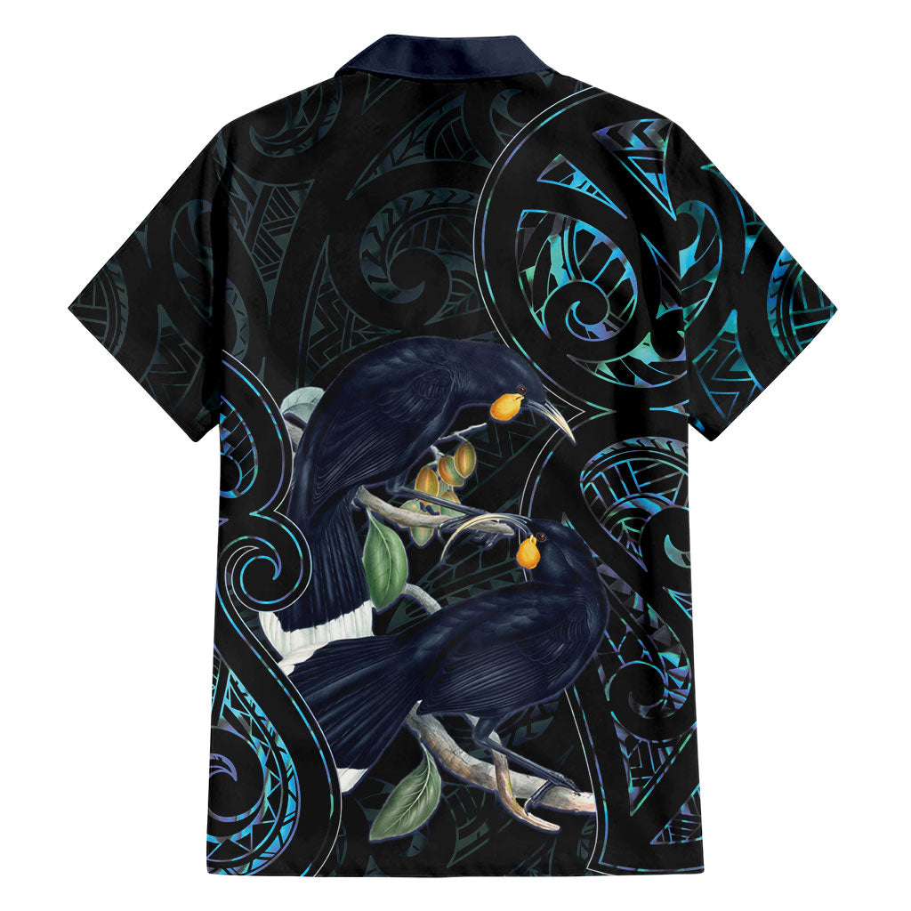 New Zealand Huia Bird Family Matching Off Shoulder Short Dress and Hawaiian Shirt Paua Shell Maori Pattern